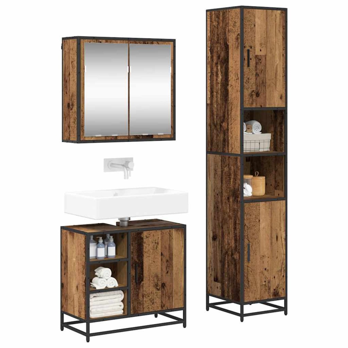 vidaXL Σετ Επίπλων Μπάνιου 3 τμχ. Παλιό Ξύλο 65 x 33 x 60 εκ