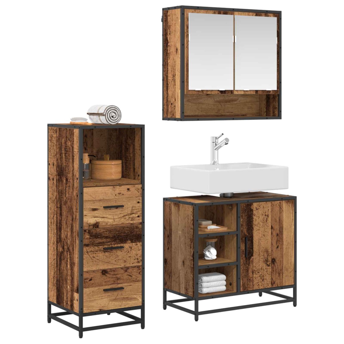 vidaXL Σετ Επίπλων Μπάνιου 3 τμχ. Παλιό Ξύλο 65 x 33 x 60 εκ