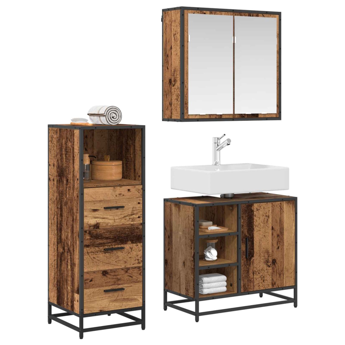 vidaXL Σετ Επίπλων Μπάνιου 3 τμχ. Παλιό Ξύλο 65 x 33 x 60 εκ