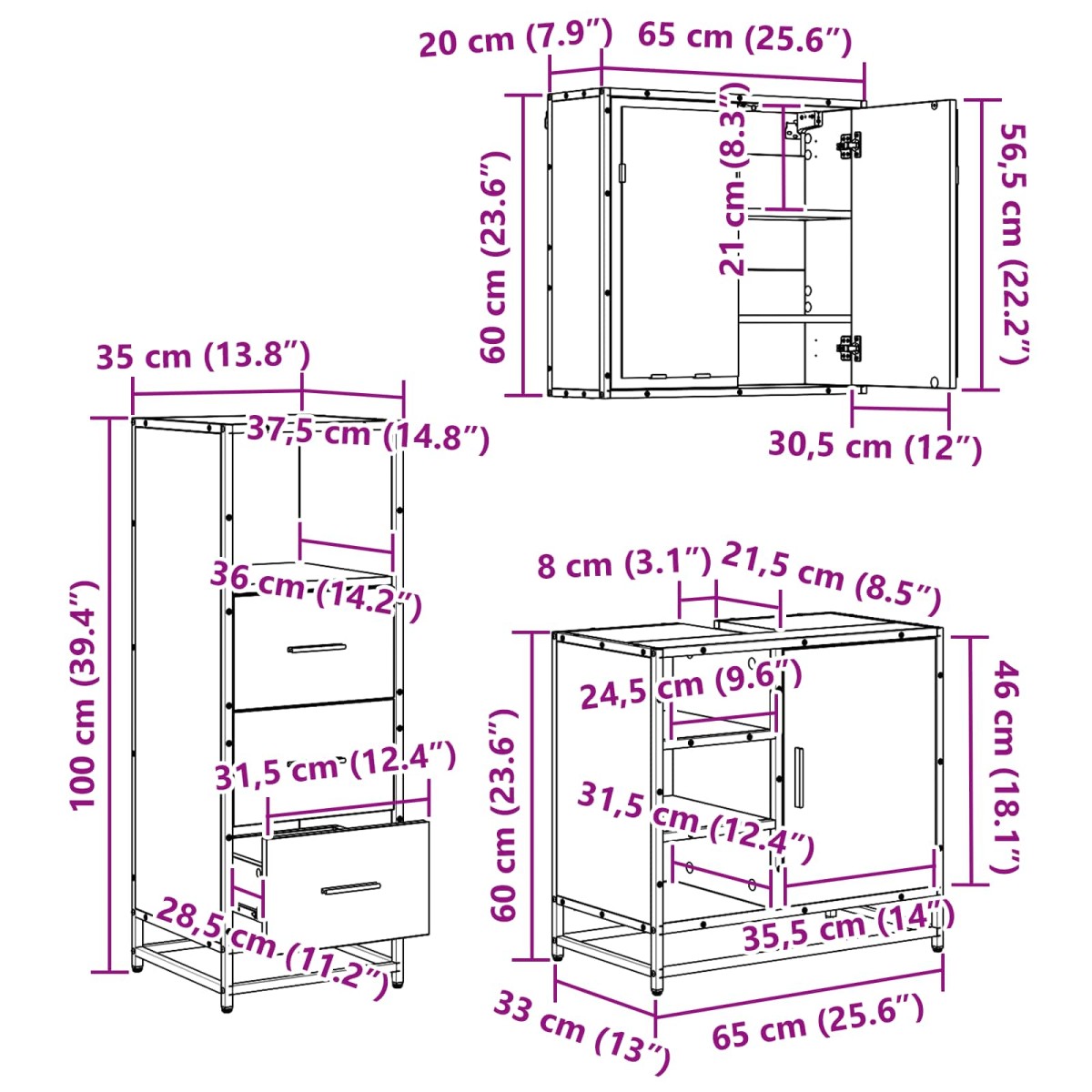 vidaXL Σετ Επίπλων Μπάνιου 3 τμχ. Μαύρη Οξυά 65 x 33 x 60 εκ