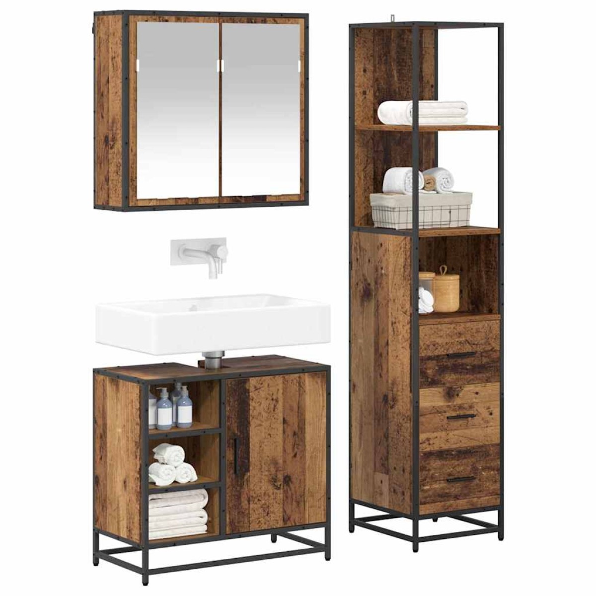vidaXL Σετ Επίπλων Μπάνιου 3 τμχ. Παλιό Ξύλο 65 x 33 x 60 εκ