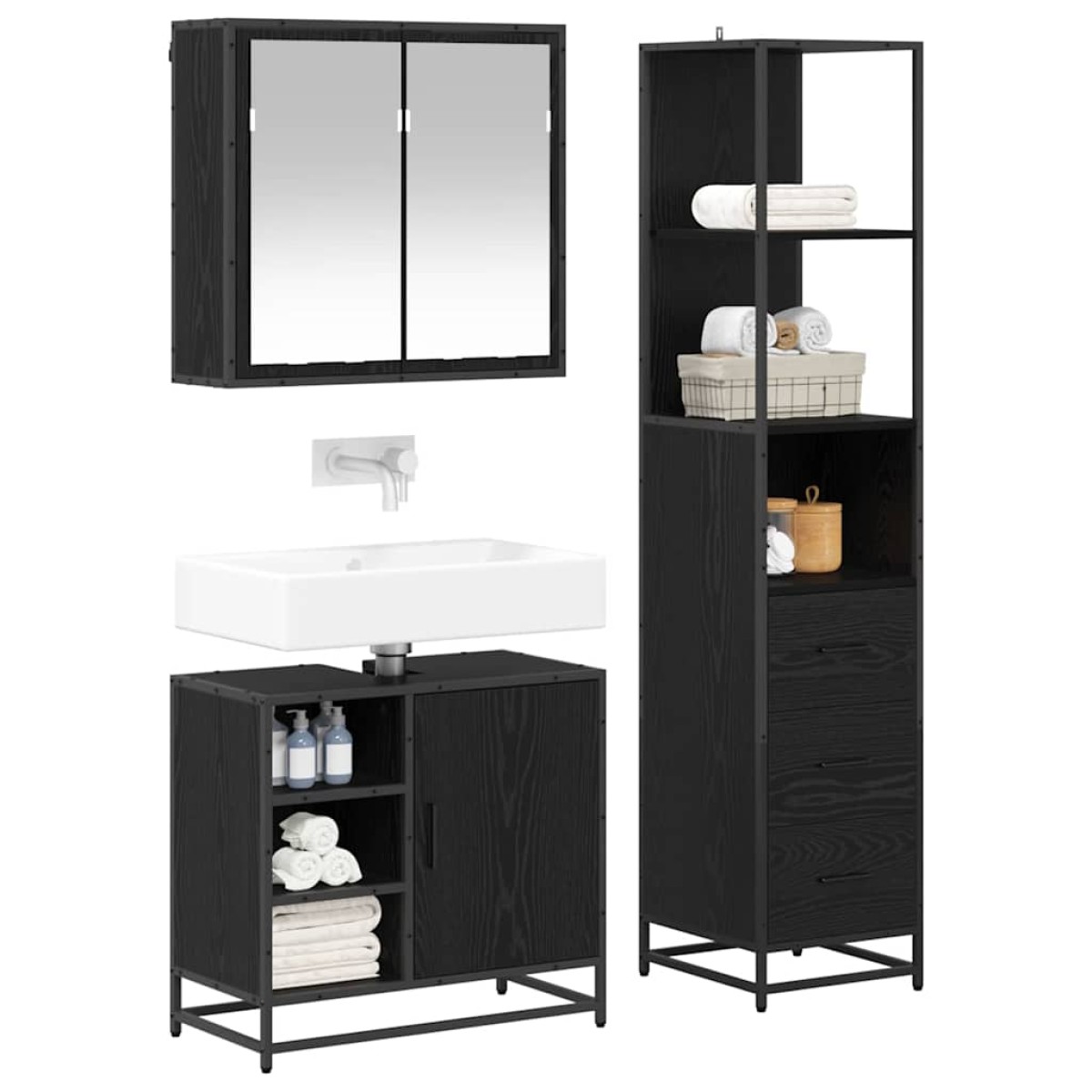 vidaXL Σετ Επίπλων Μπάνιου 3 τμχ. Μαύρη Οξυά 65 x 33 x 60 εκ