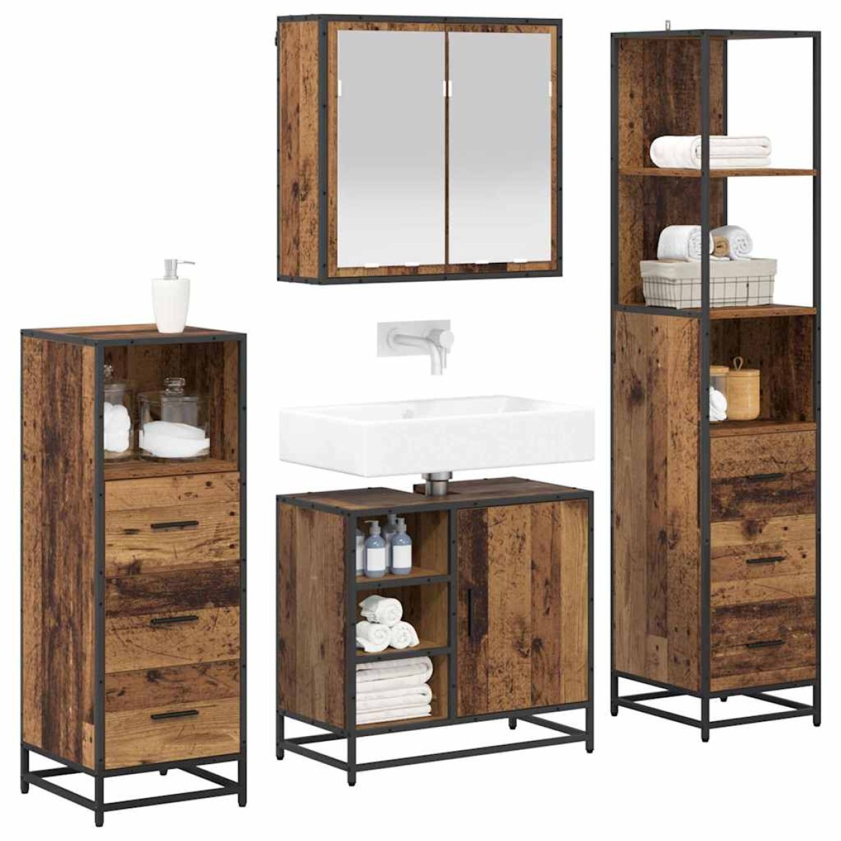 vidaXL Σετ Επίπλων Μπάνιου 4 τμχ. Παλιό Ξύλο 65 x 33 x 60 εκ