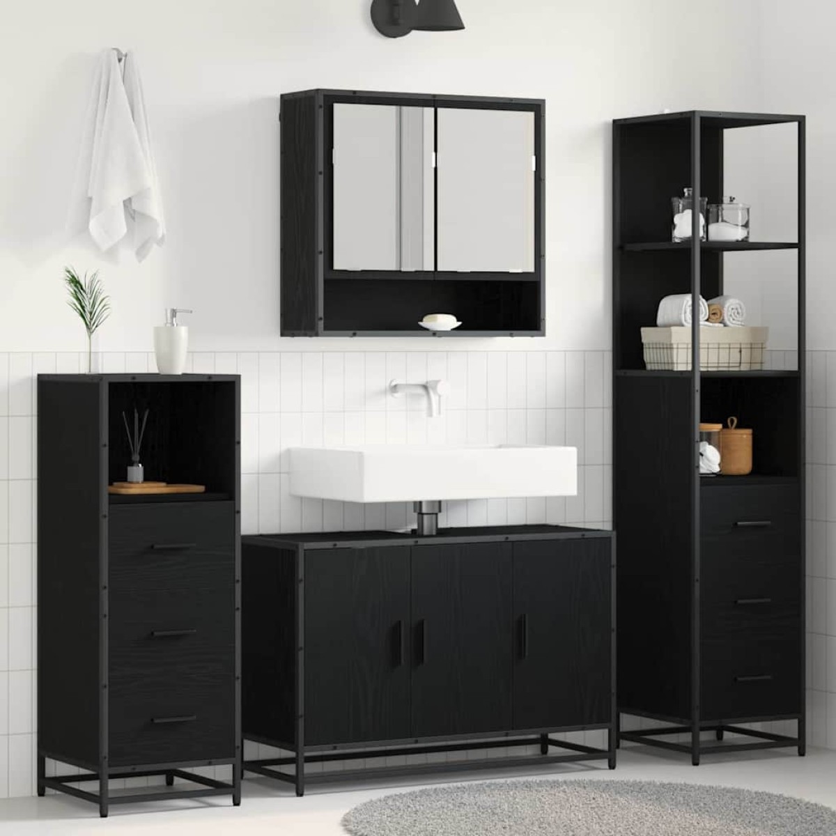 vidaXL Σετ Επίπλων Μπάνιου 3 τμχ. Μαύρη Οξυά 35 x 37,5 x 166 εκ.