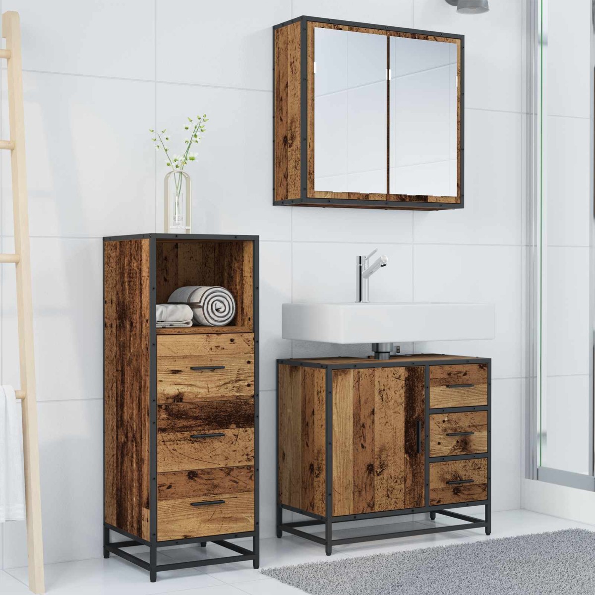 vidaXL Σετ Επίπλων Μπάνιου 3 τμχ. Παλιό Ξύλο 35 x 37,5 x 100 εκ.