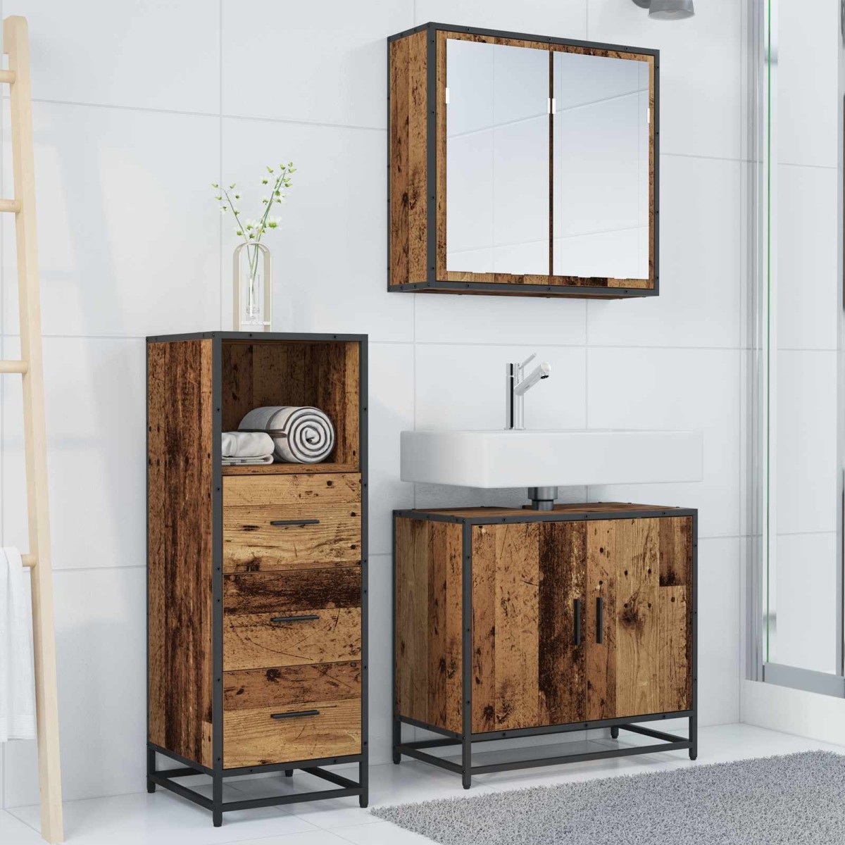vidaXL Σετ Επίπλων Μπάνιου 3 τμχ. Παλιό Ξύλο 65 x 33 x 60 εκ