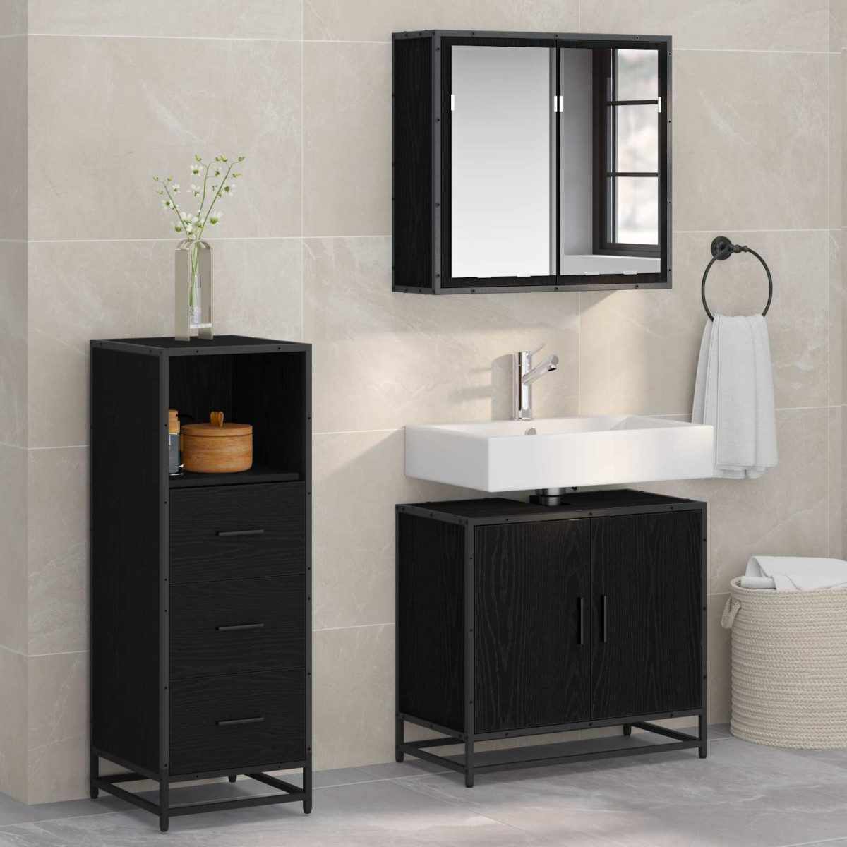 vidaXL Σετ Επίπλων Μπάνιου 3 τμχ. Μαύρη Οξυά 65 x 33 x 60 εκ