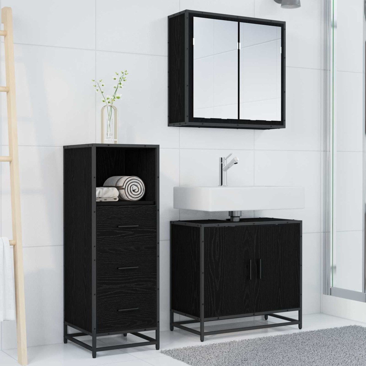 vidaXL Σετ Επίπλων Μπάνιου 3 τμχ. Μαύρη Οξυά 65 x 33 x 60 εκ