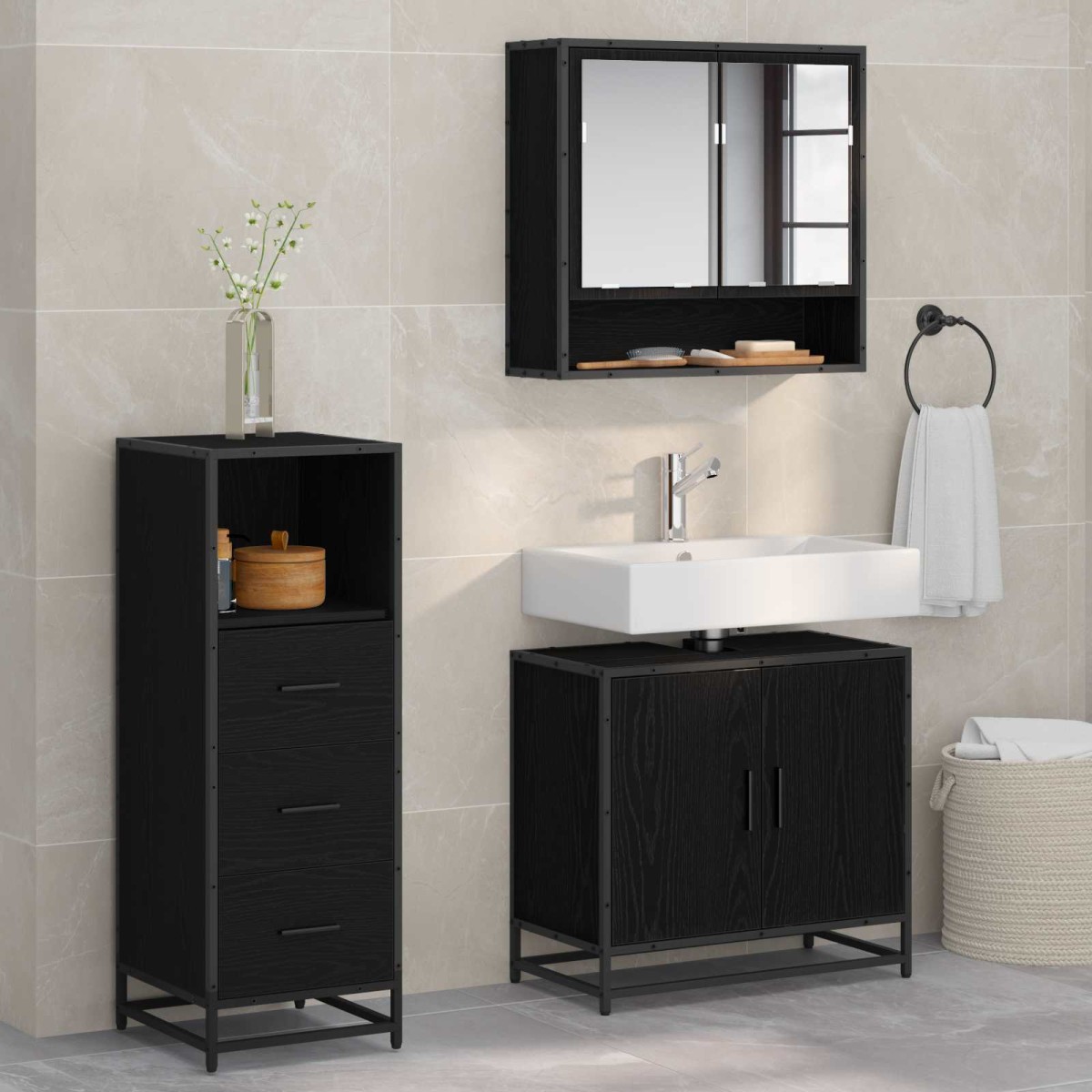 vidaXL Σετ Επίπλων Μπάνιου 3 τμχ. Μαύρη Οξυά 65 x 33 x 60 εκ