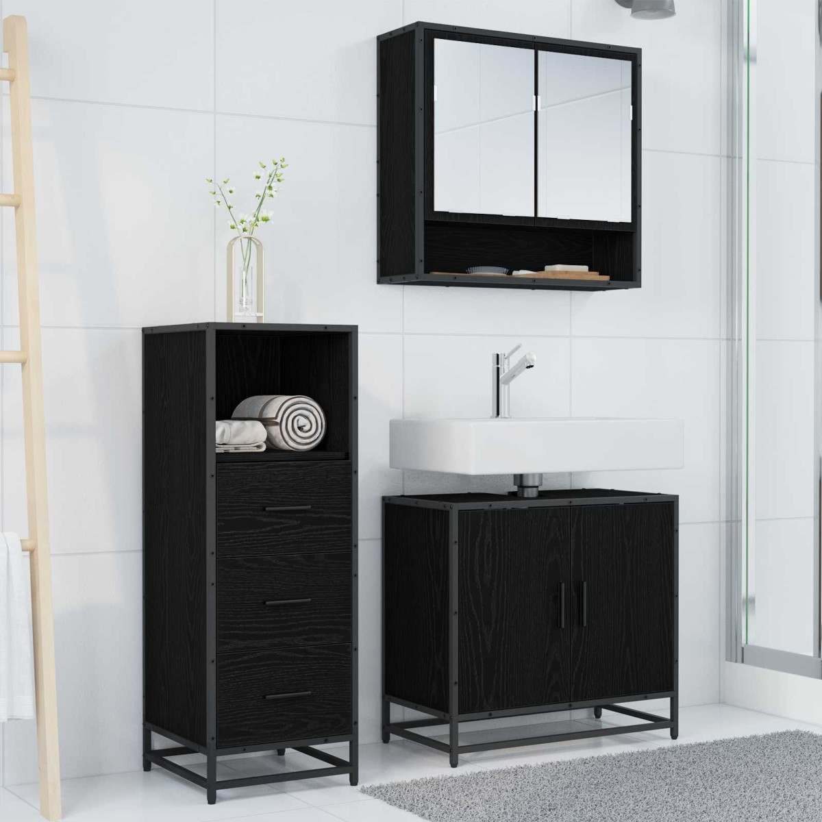 vidaXL Σετ Επίπλων Μπάνιου 3 τμχ. Μαύρη Οξυά 65 x 33 x 60 εκ