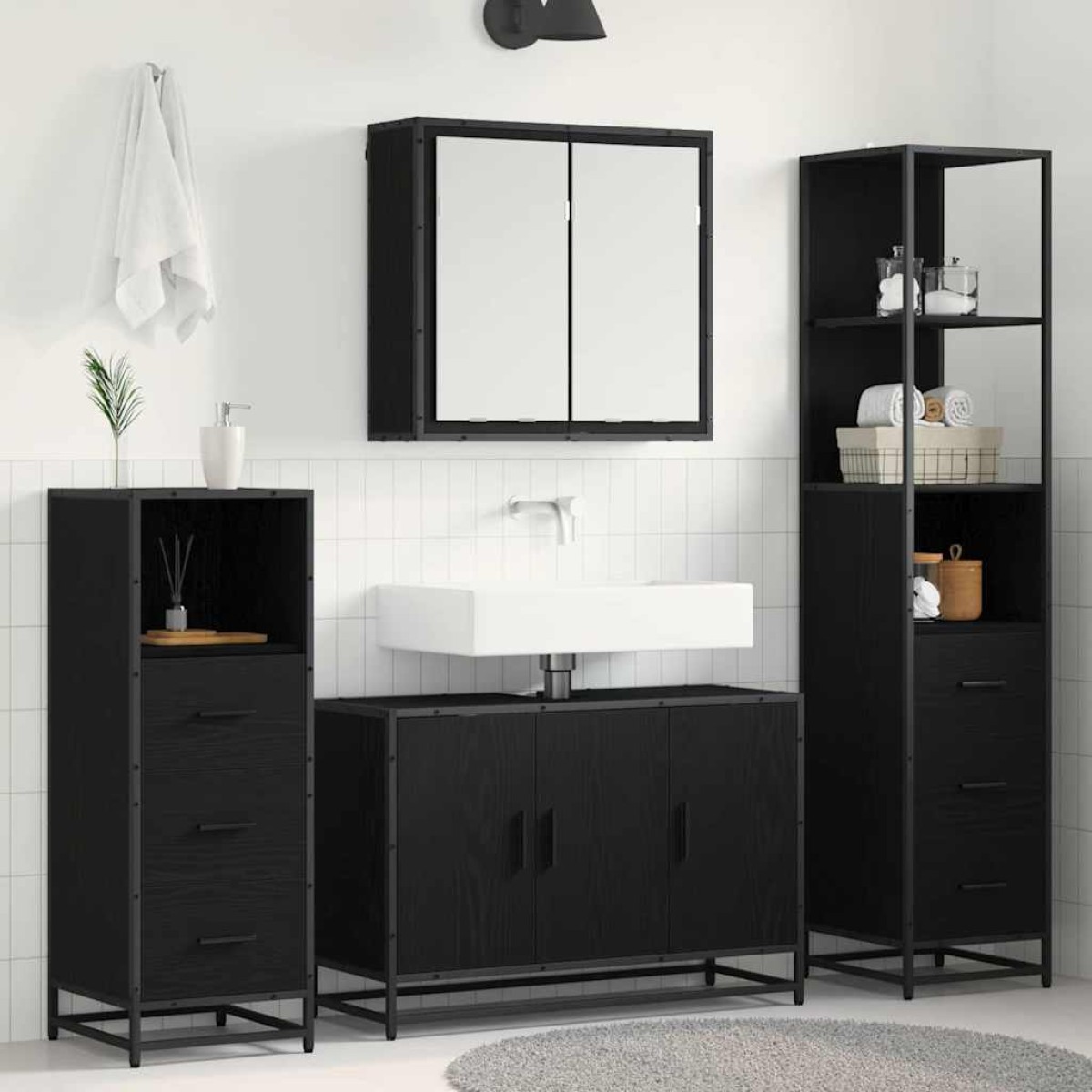 vidaXL Σετ Επίπλων Μπάνιου 4 τμχ. Μαύρη Οξυά 90 x 33 x 60 εκ.