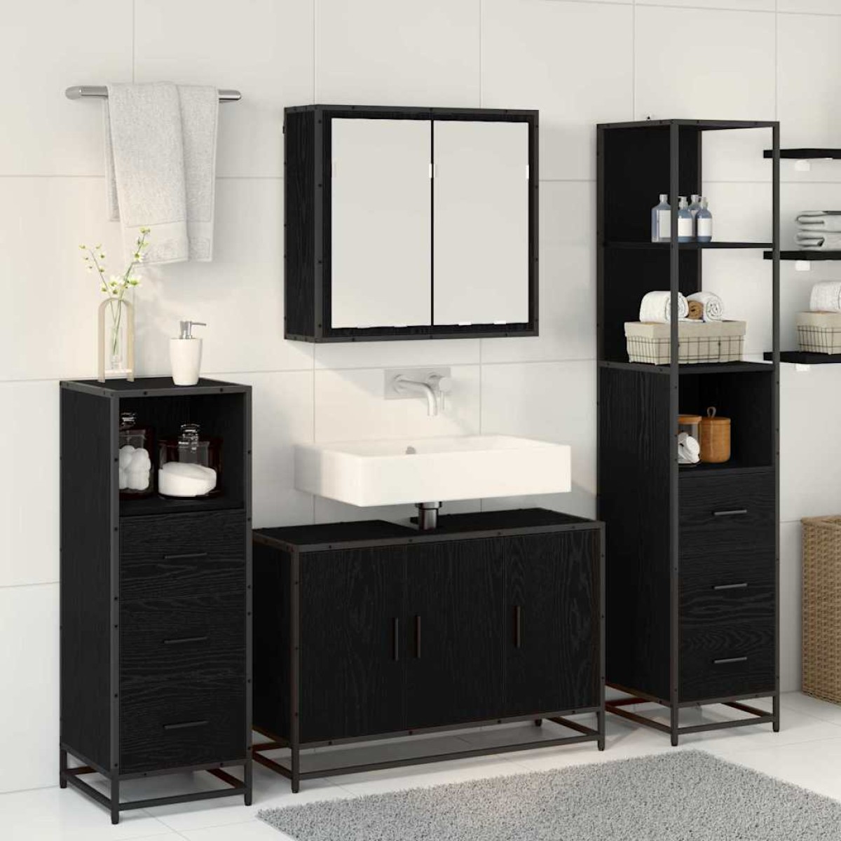 vidaXL Σετ Επίπλων Μπάνιου 4 τμχ. Μαύρη Οξυά 90 x 33 x 60 εκ.