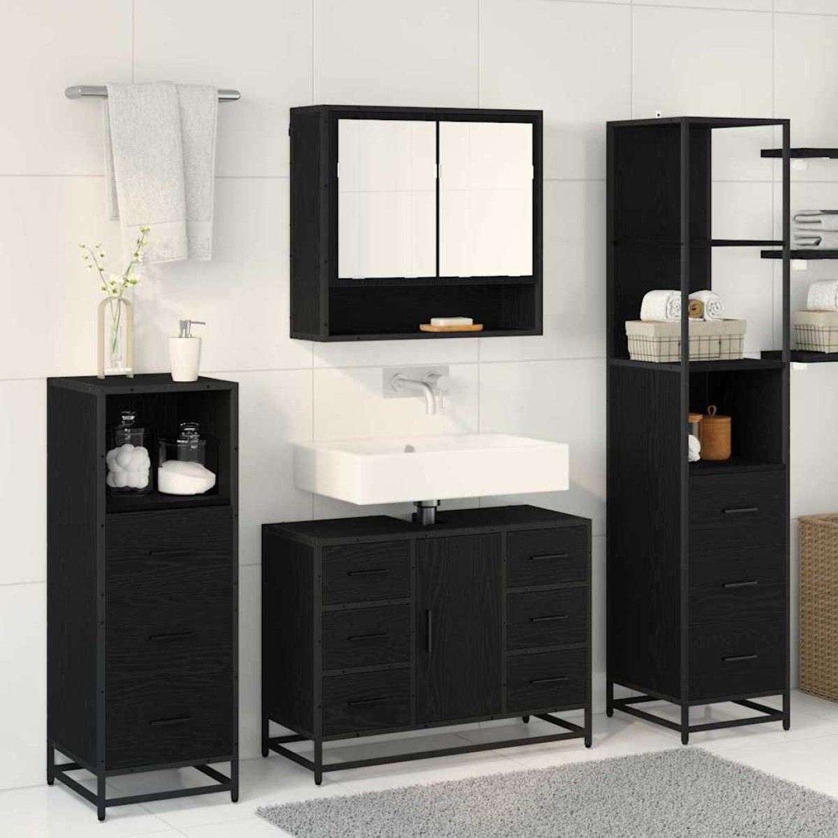 vidaXL Σετ Επίπλων Μπάνιου 3 τμχ. Μαύρη Οξυά 35 x 37,5 x 166 εκ.