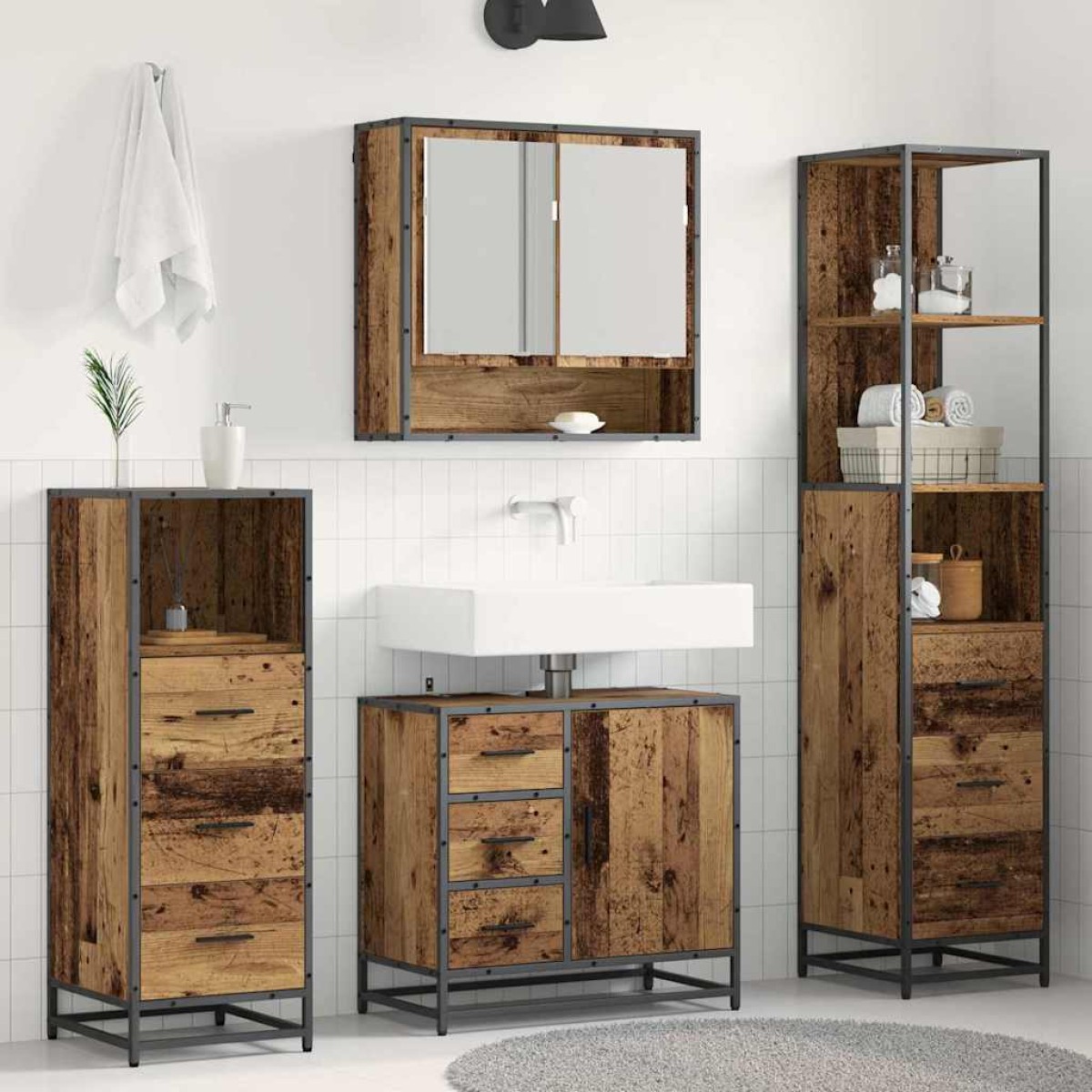 vidaXL Σετ Επίπλων Μπάνιου 4 τμχ. Παλιό Ξύλο 65 x 33 x 60 εκ
