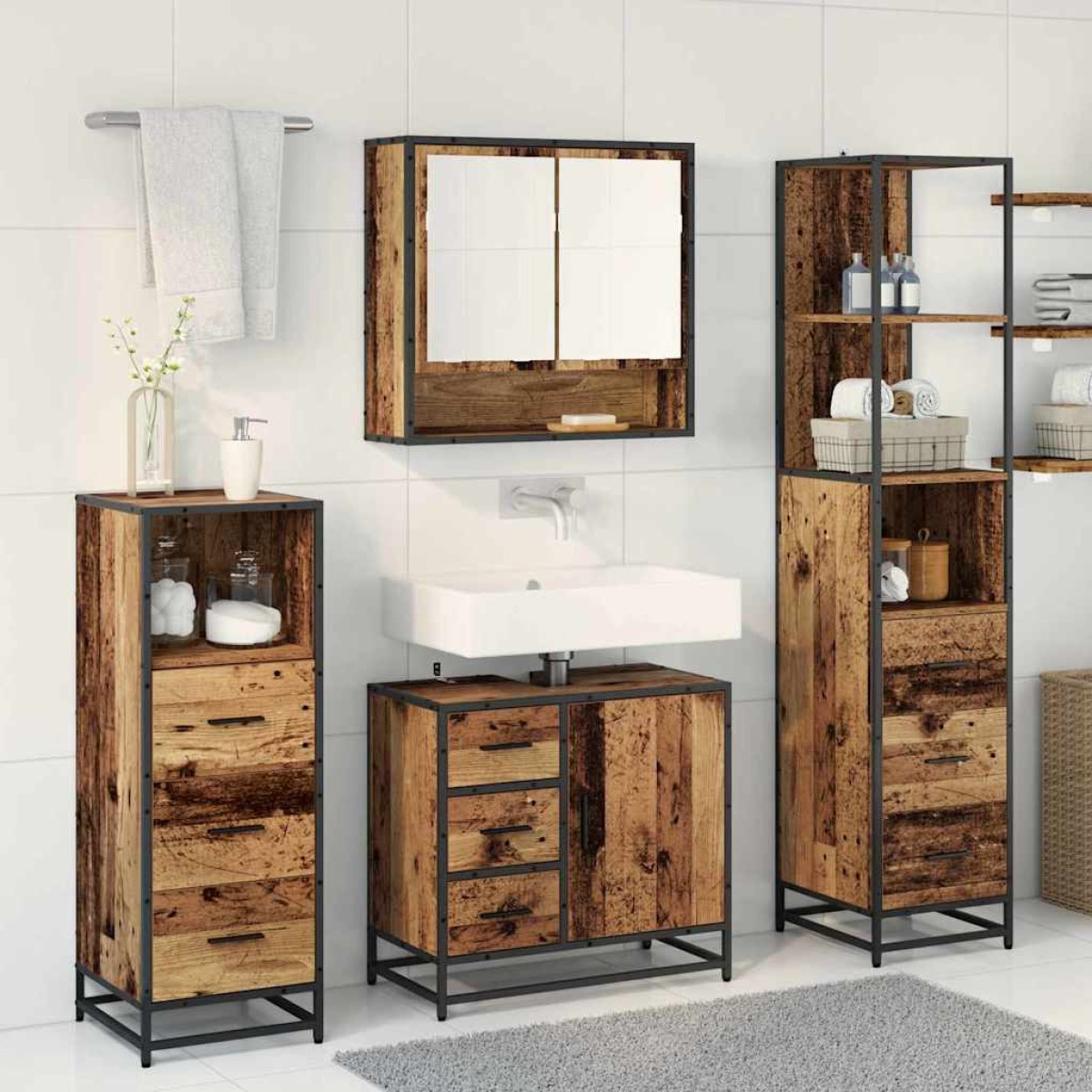 vidaXL Σετ Επίπλων Μπάνιου 4 τμχ. Παλιό Ξύλο 65 x 33 x 60 εκ