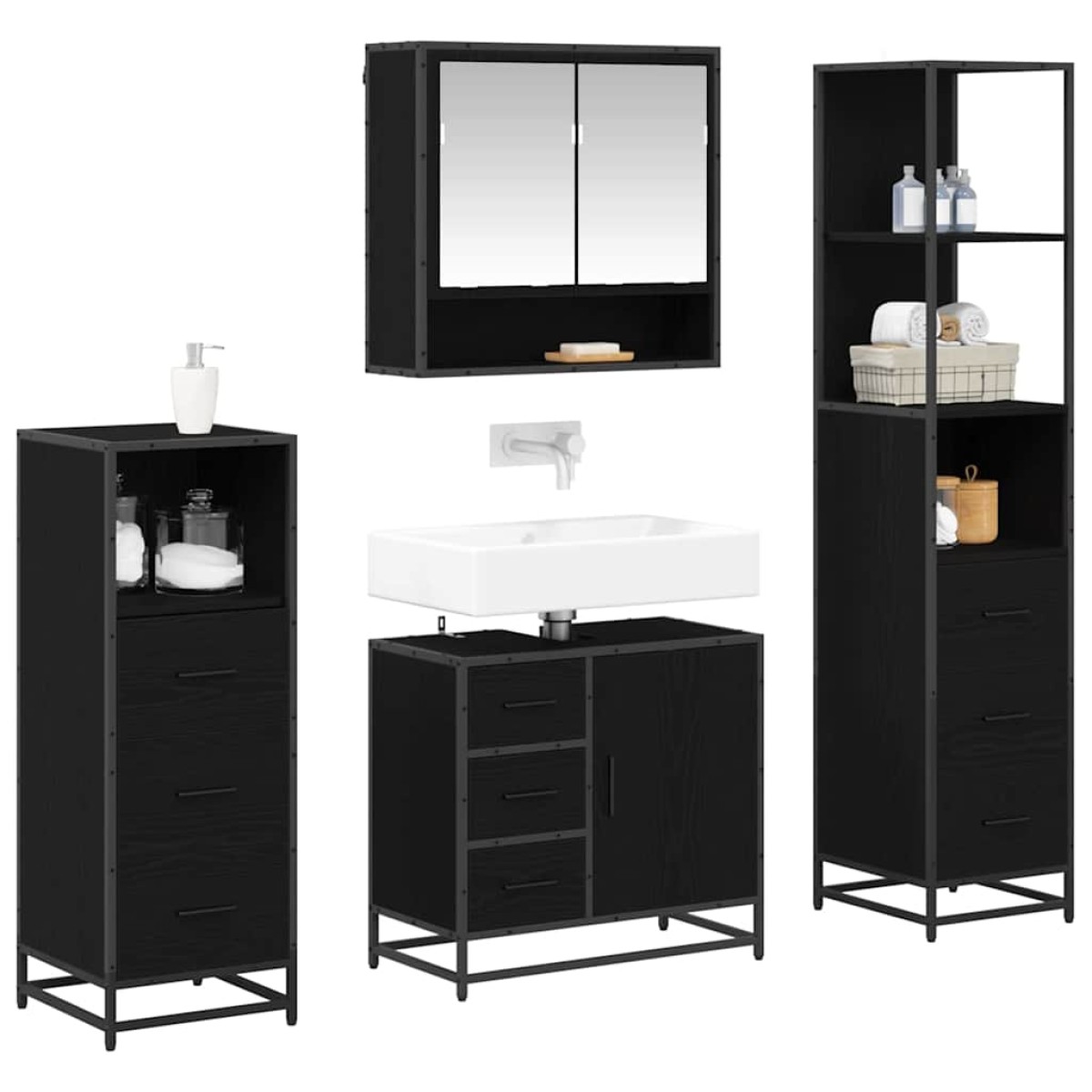 vidaXL Σετ Επίπλων Μπάνιου 4 τμχ. Μαύρη Οξυά 65 x 33 x 60 εκ