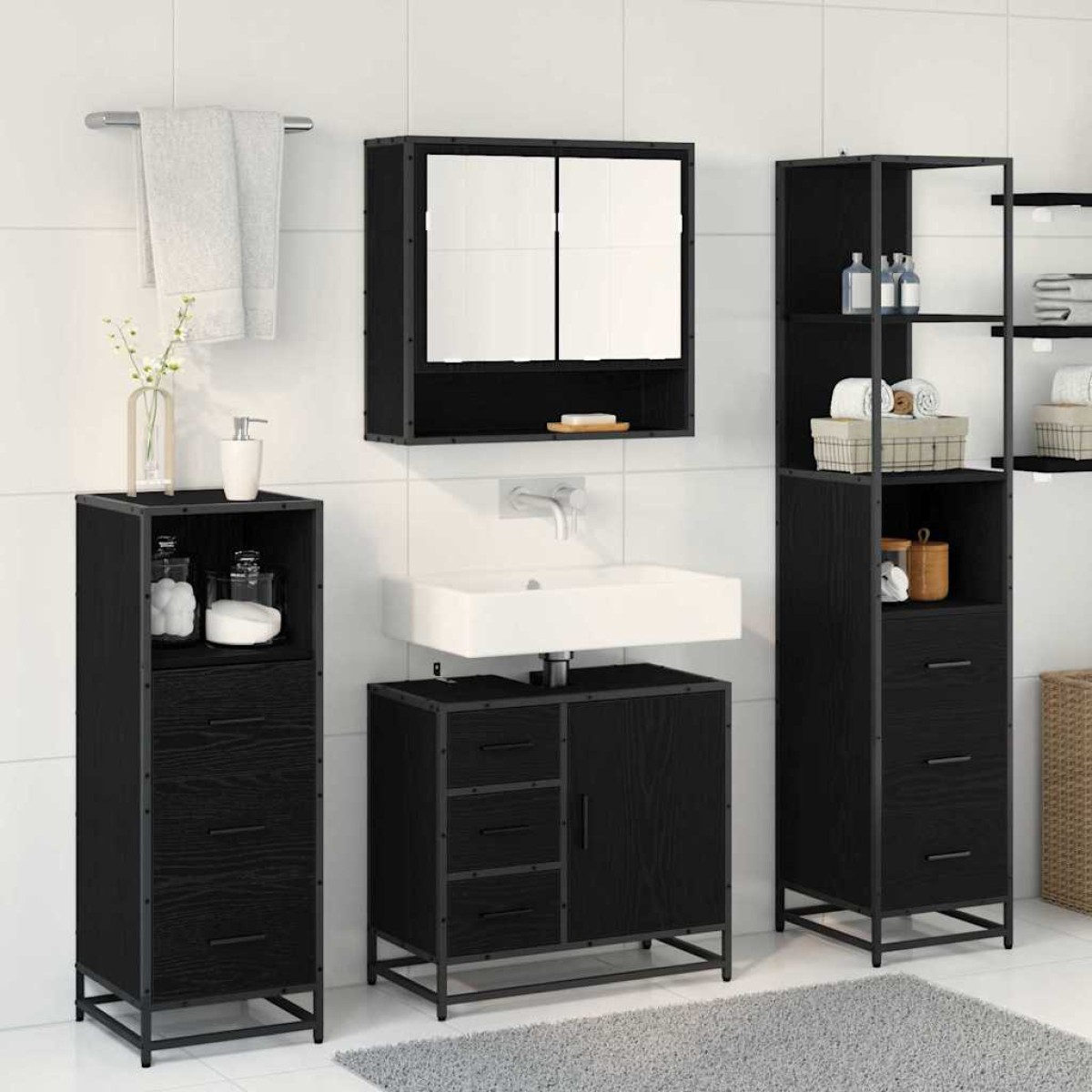 vidaXL Σετ Επίπλων Μπάνιου 4 τμχ. Μαύρη Οξυά 65 x 33 x 60 εκ