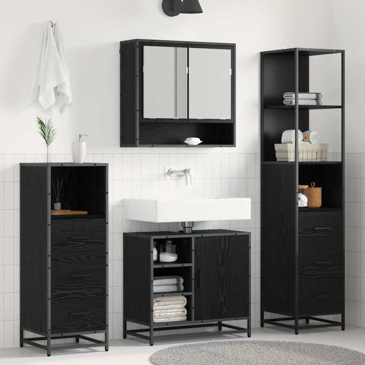 vidaXL Σετ Επίπλων Μπάνιου 3 τμχ. Μαύρη Οξυά 35 x 37,5 x 166 εκ.