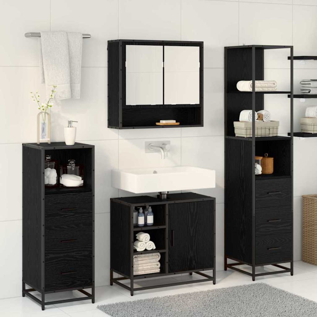 vidaXL Σετ Επίπλων Μπάνιου 3 τμχ. Μαύρη Οξυά 35 x 37,5 x 166 εκ.