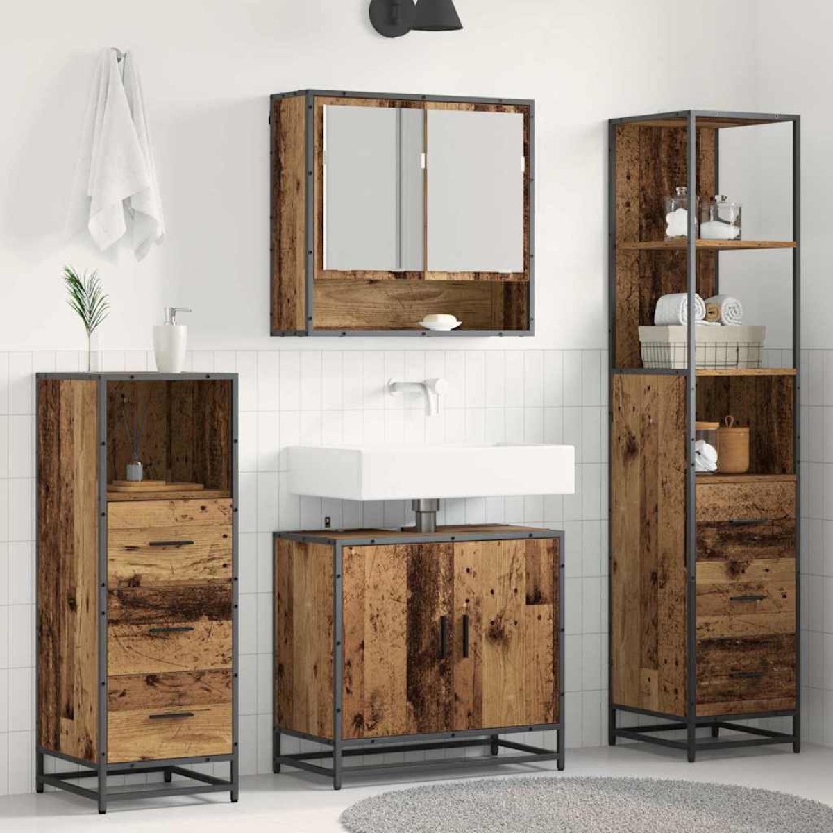 vidaXL Σετ Επίπλων Μπάνιου 4 τμχ. Παλιό Ξύλο 65 x 33 x 60 εκ