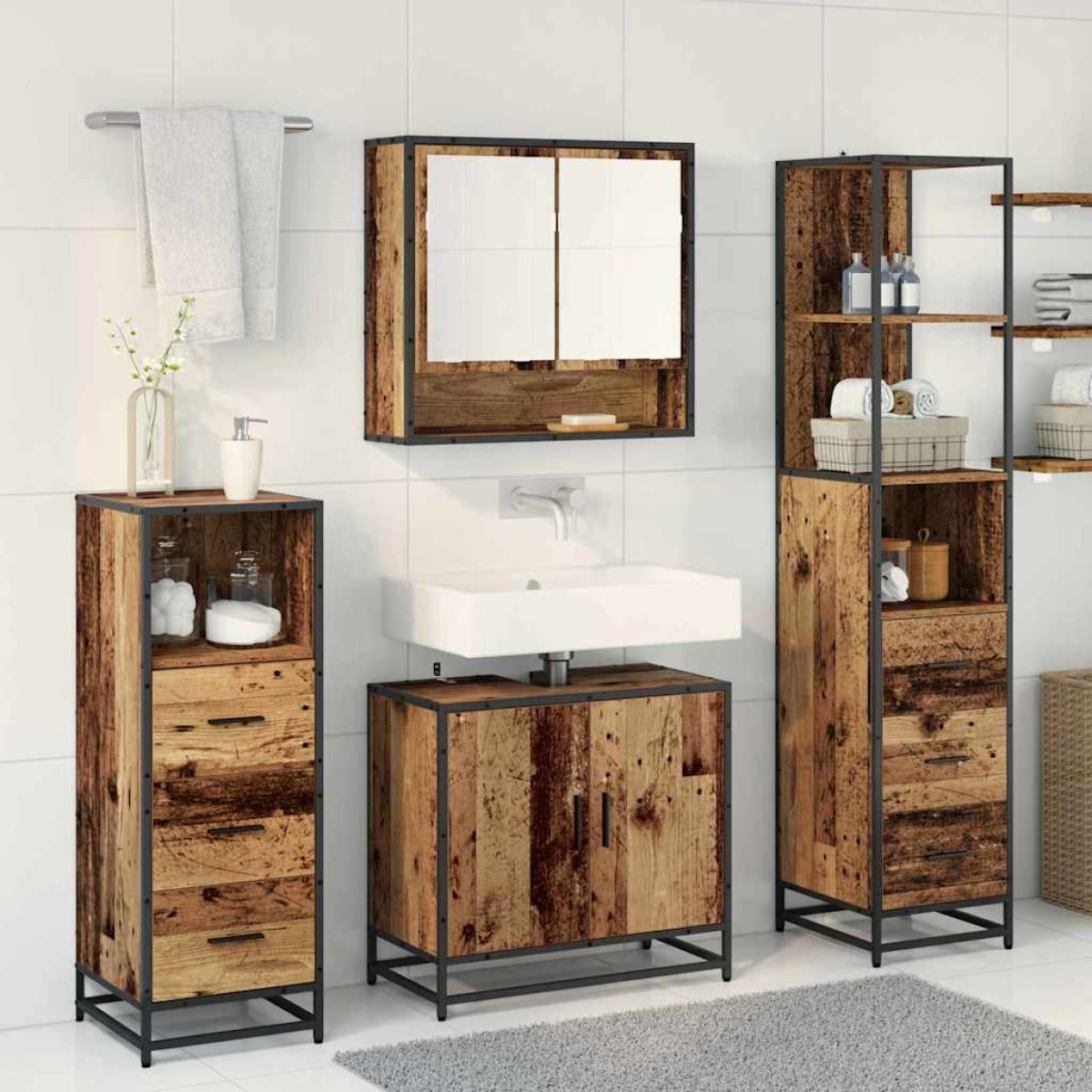 vidaXL Σετ Επίπλων Μπάνιου 4 τμχ. Παλιό Ξύλο 65 x 33 x 60 εκ