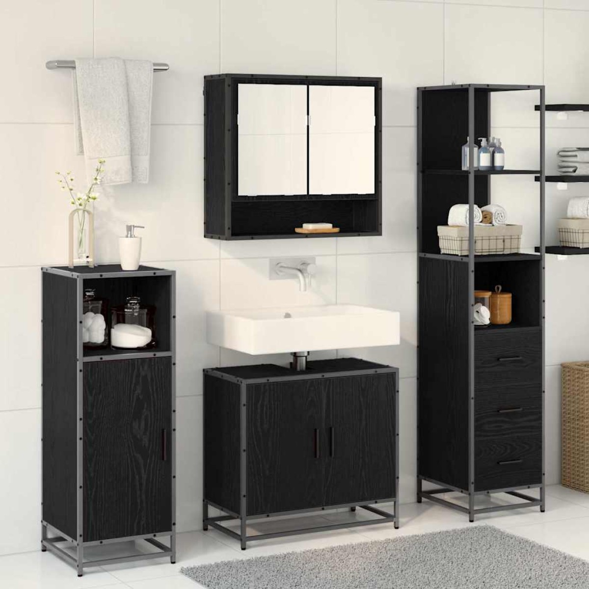 vidaXL Σετ Επίπλων Μπάνιου 3 τμχ. Μαύρη Οξυά 35 x 37,5 x 166 εκ.