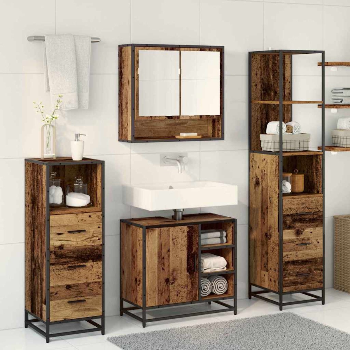 vidaXL Σετ Επίπλων Μπάνιου 4 τμχ. Παλιό Ξύλο 65 x 33 x 60 εκ