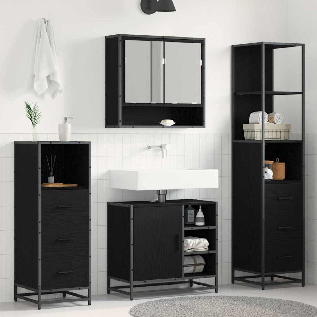 vidaXL Σετ Επίπλων Μπάνιου 4 τμχ. Μαύρη Οξυά 65 x 33 x 60 εκ