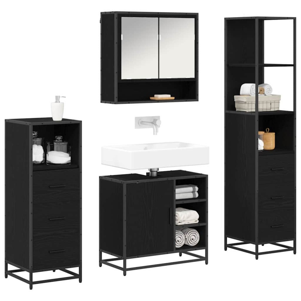 vidaXL Σετ Επίπλων Μπάνιου 4 τμχ. Μαύρη Οξυά 65 x 33 x 60 εκ