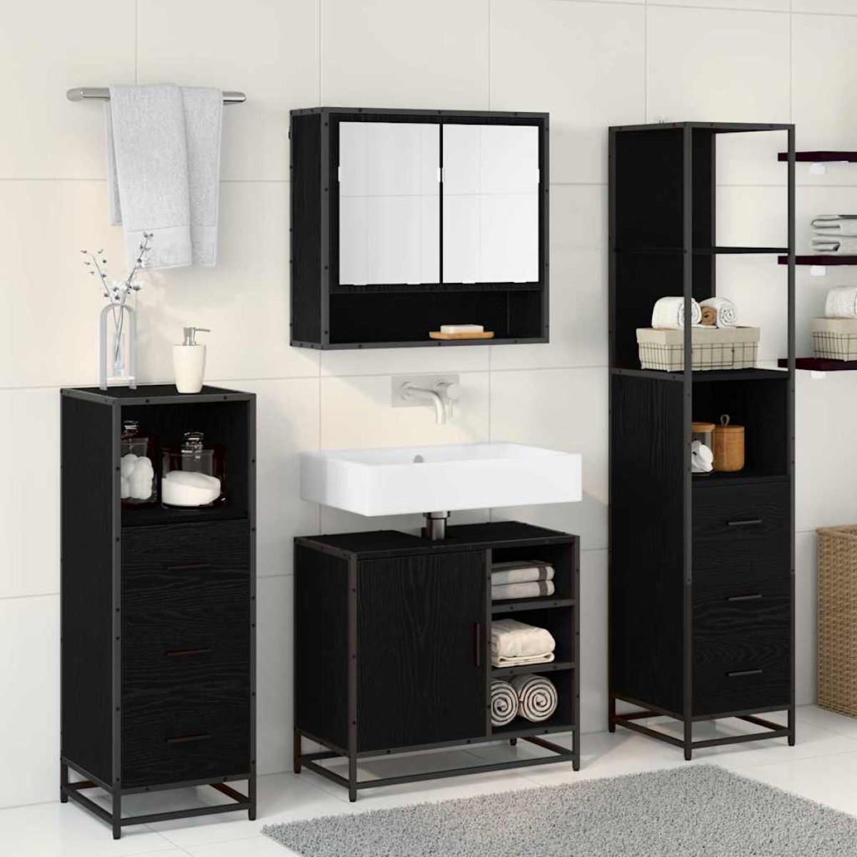 vidaXL Σετ Επίπλων Μπάνιου 4 τμχ. Μαύρη Οξυά 65 x 33 x 60 εκ