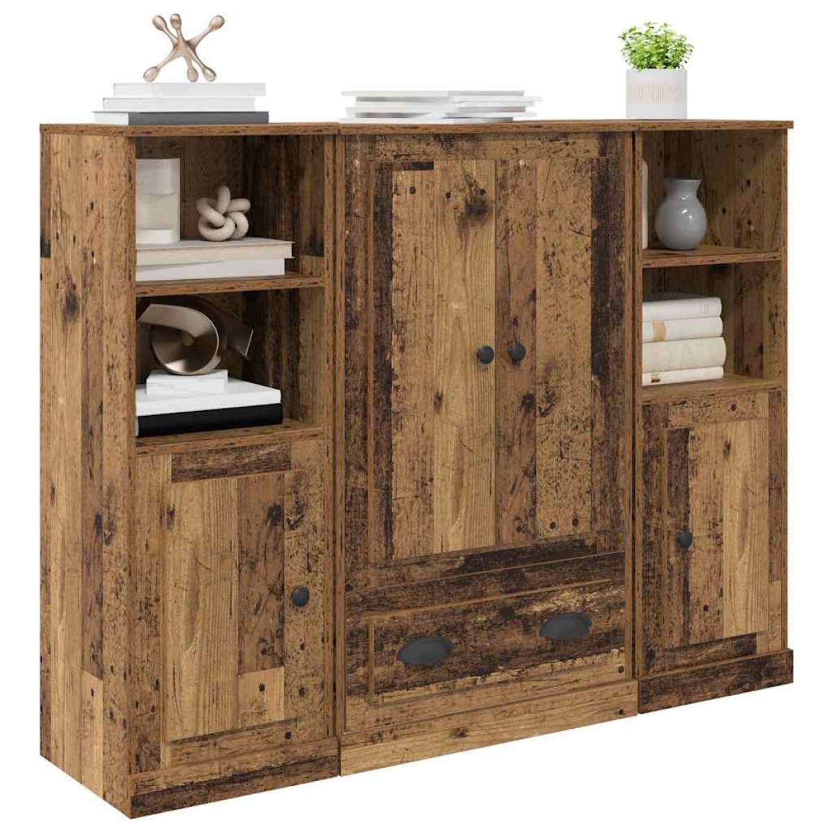 vidaXL Highboard 3 τμχ. Παλιό Ξύλο 132 x 35,5 x 103,5 εκ.
