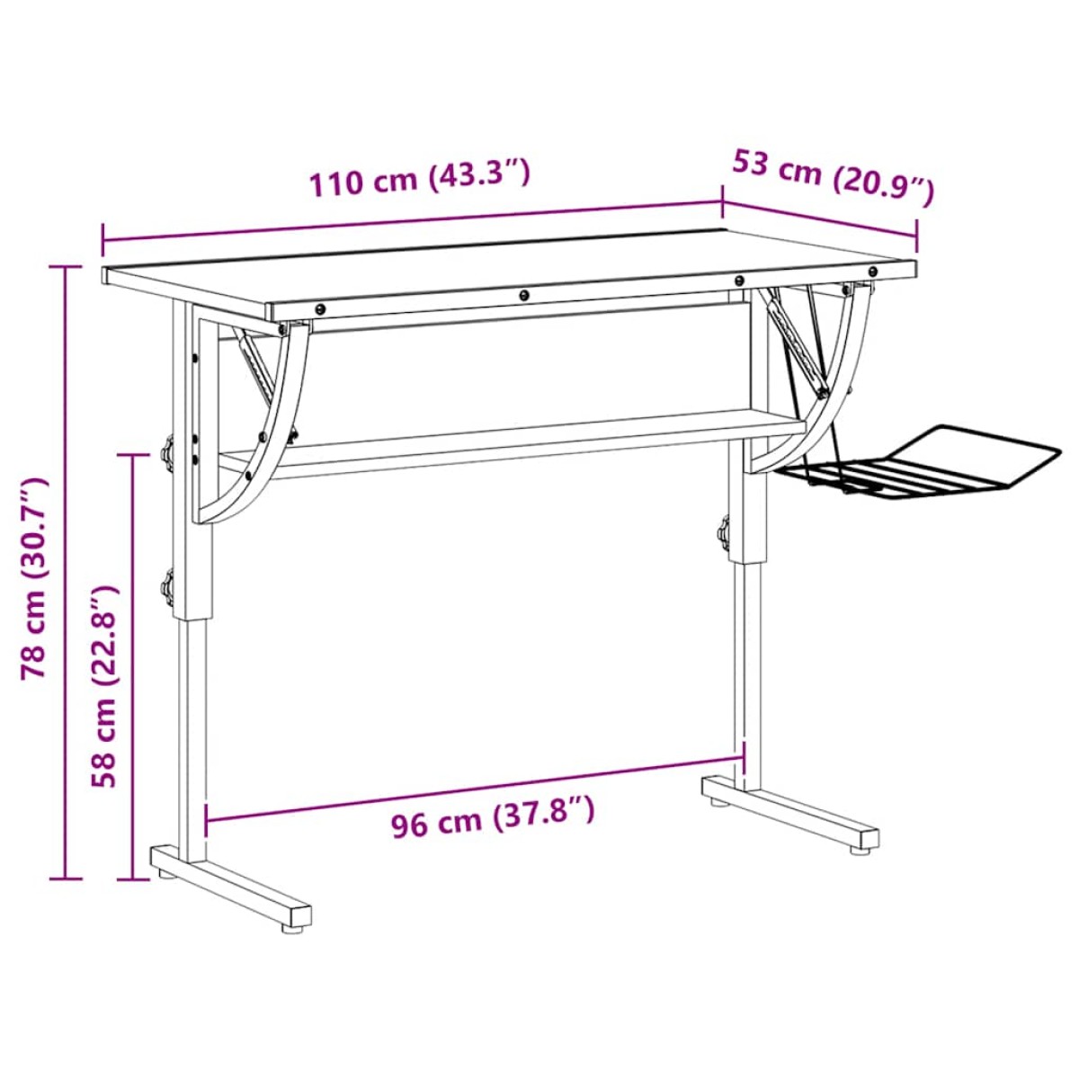 vidaXL Γραφείο Χειροτ. Λευκό/Γκρι 110x53x(58-87) εκ. Επ. Ξύλο&Ατσάλι