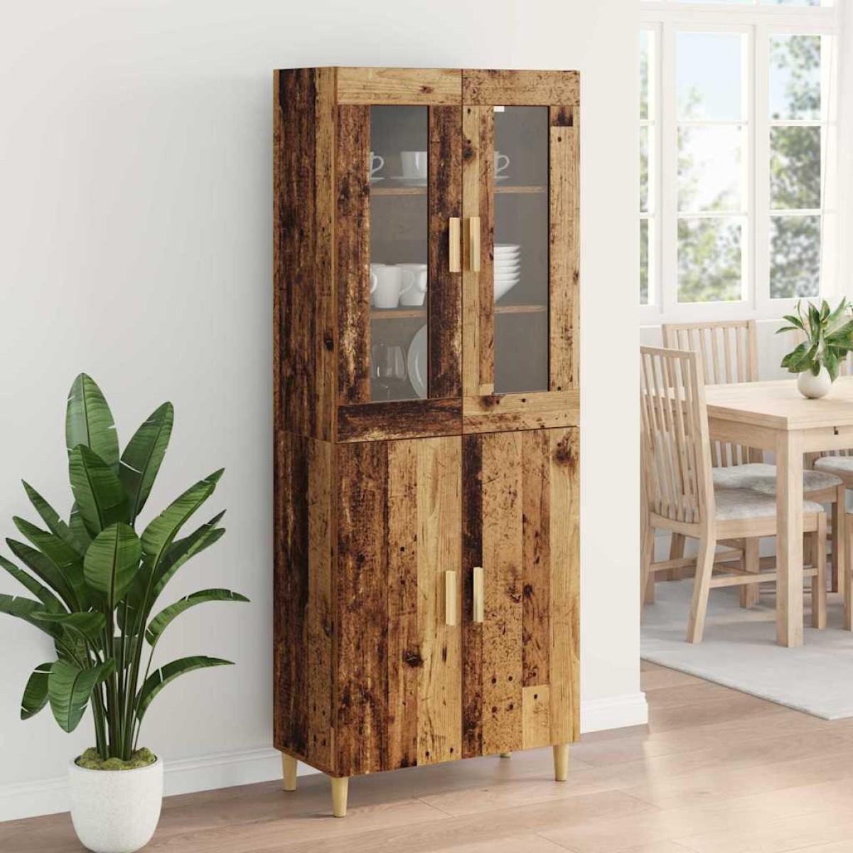 vidaXL Highboard Παλιό Ξύλο 69,5 x 34 x 180 εκ. Σύνθετο Ξύλο και Γυαλί