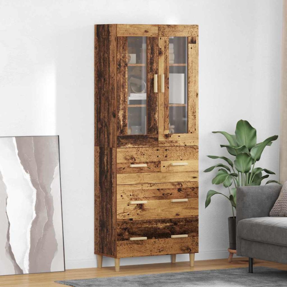 vidaXL Highboard Παλιό Ξύλο 69,5 x 34 x 180 εκ. Σύνθετο Ξύλο και Γυαλί