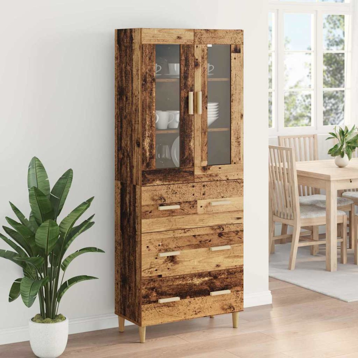 vidaXL Highboard Παλιό Ξύλο 69,5 x 34 x 180 εκ. Σύνθετο Ξύλο και Γυαλί