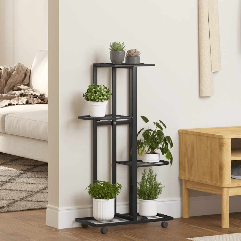 vidaXL Βάση Λουλουδιών 4 Επιπέδων με Ρόδες 44x23x80 εκ. Μαύρη Σίδερο