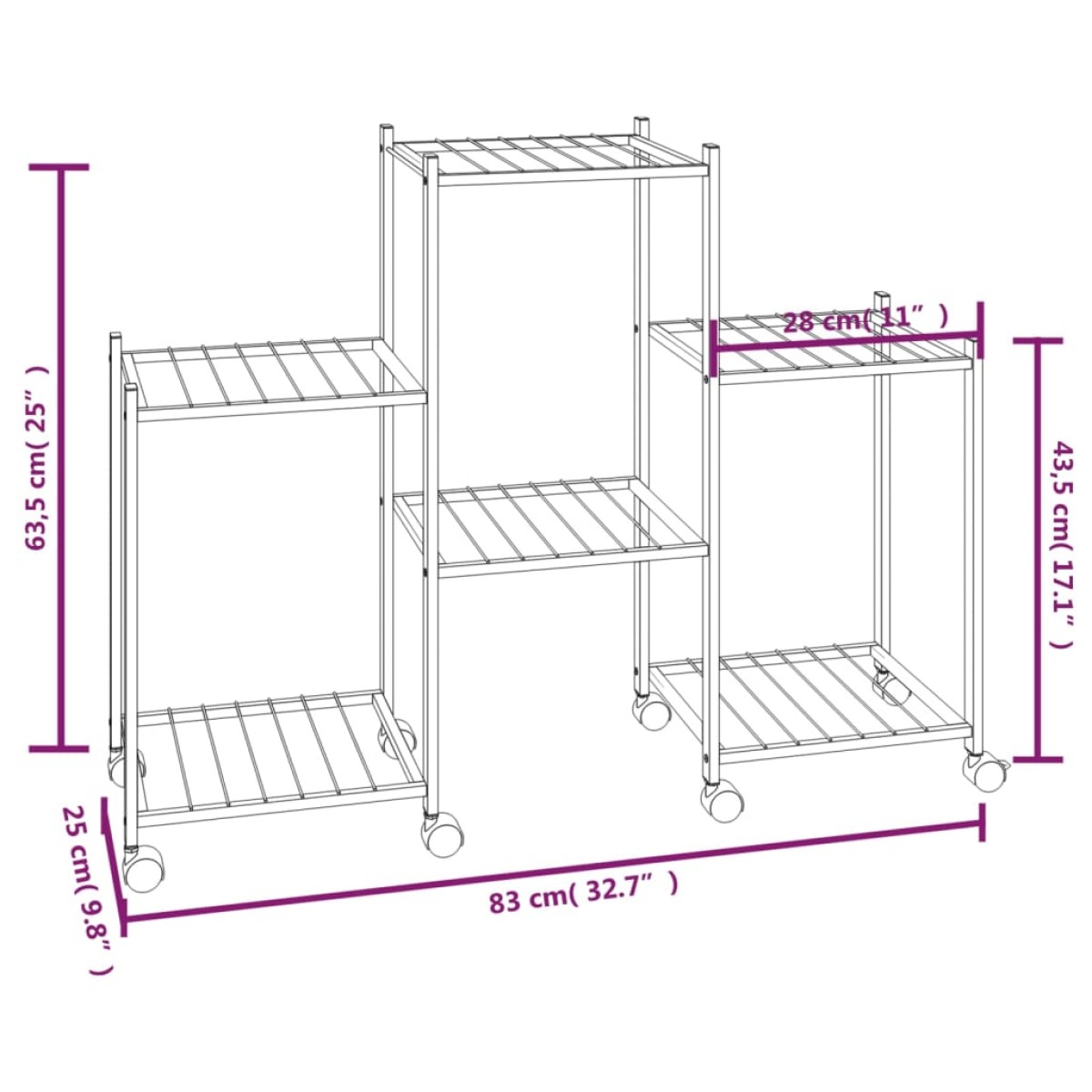 vidaXL Βάση Λουλουδιών με Ρόδες 83x25x63,5 εκ. Μαύρη Σιδερένια