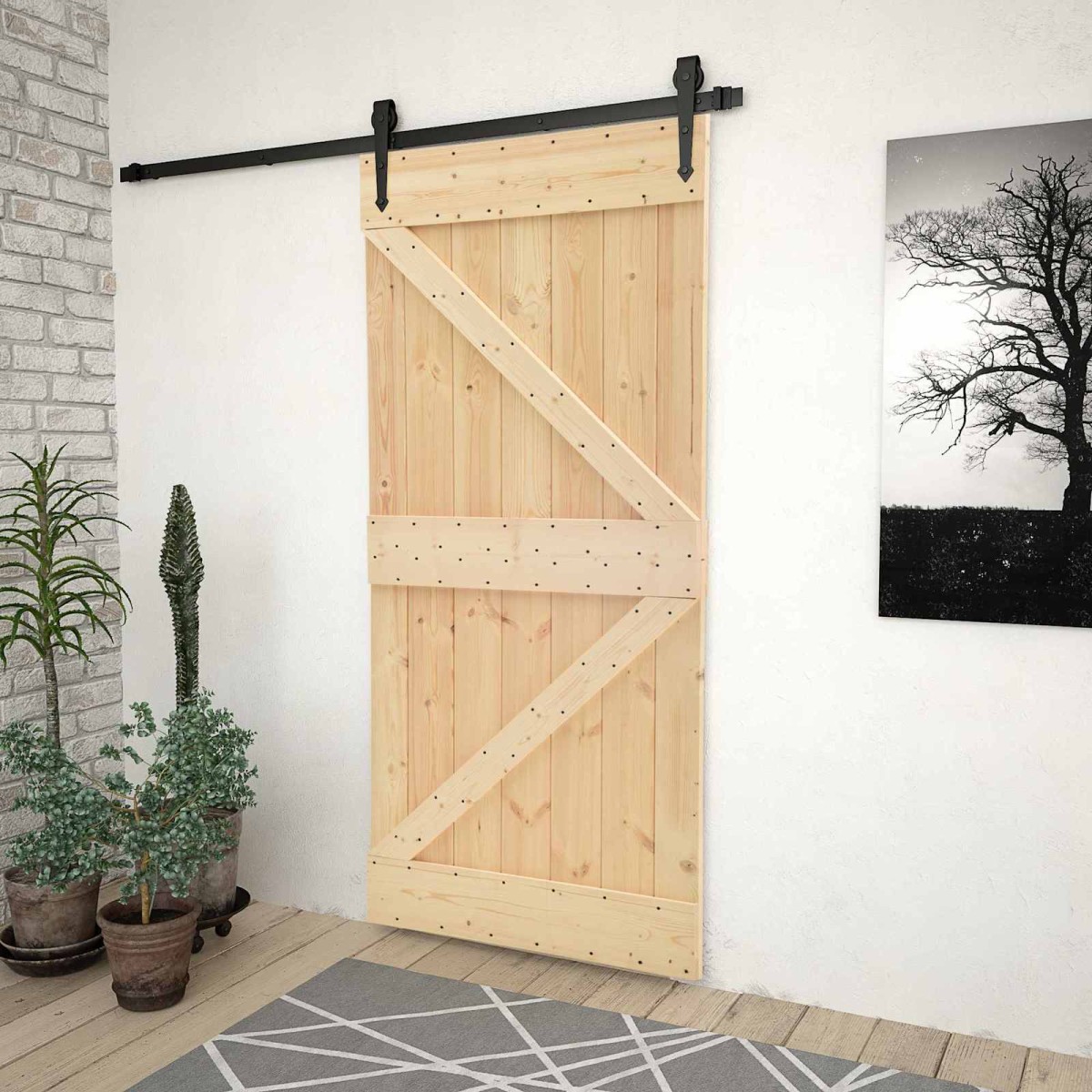vidaXL Συρόμενη Πόρτα 80 x 210 cm Μασίφ Ξύλο Πεύκου Φυσικό και Μαύρο