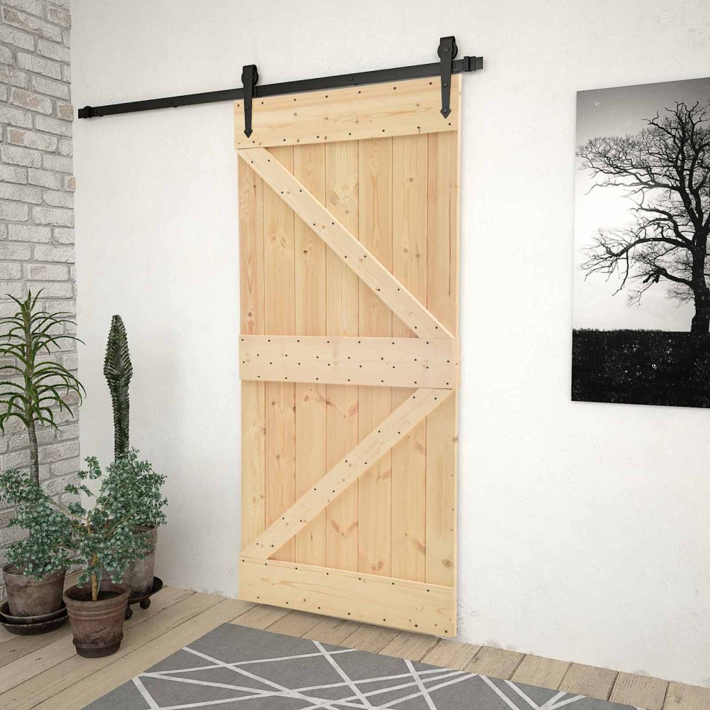 vidaXL Συρόμενη Πόρτα Φυσικό και Μαύρο 80 x 210 cm Μασίφ Ξύλο Πεύκου