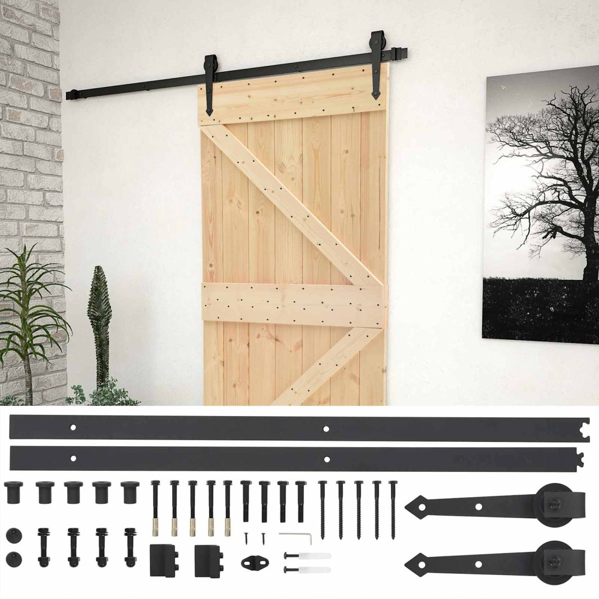 vidaXL Συρόμενη Πόρτα 90 x 210 cm Μασίφ Ξύλο Πεύκου Φυσικό και Μαύρο