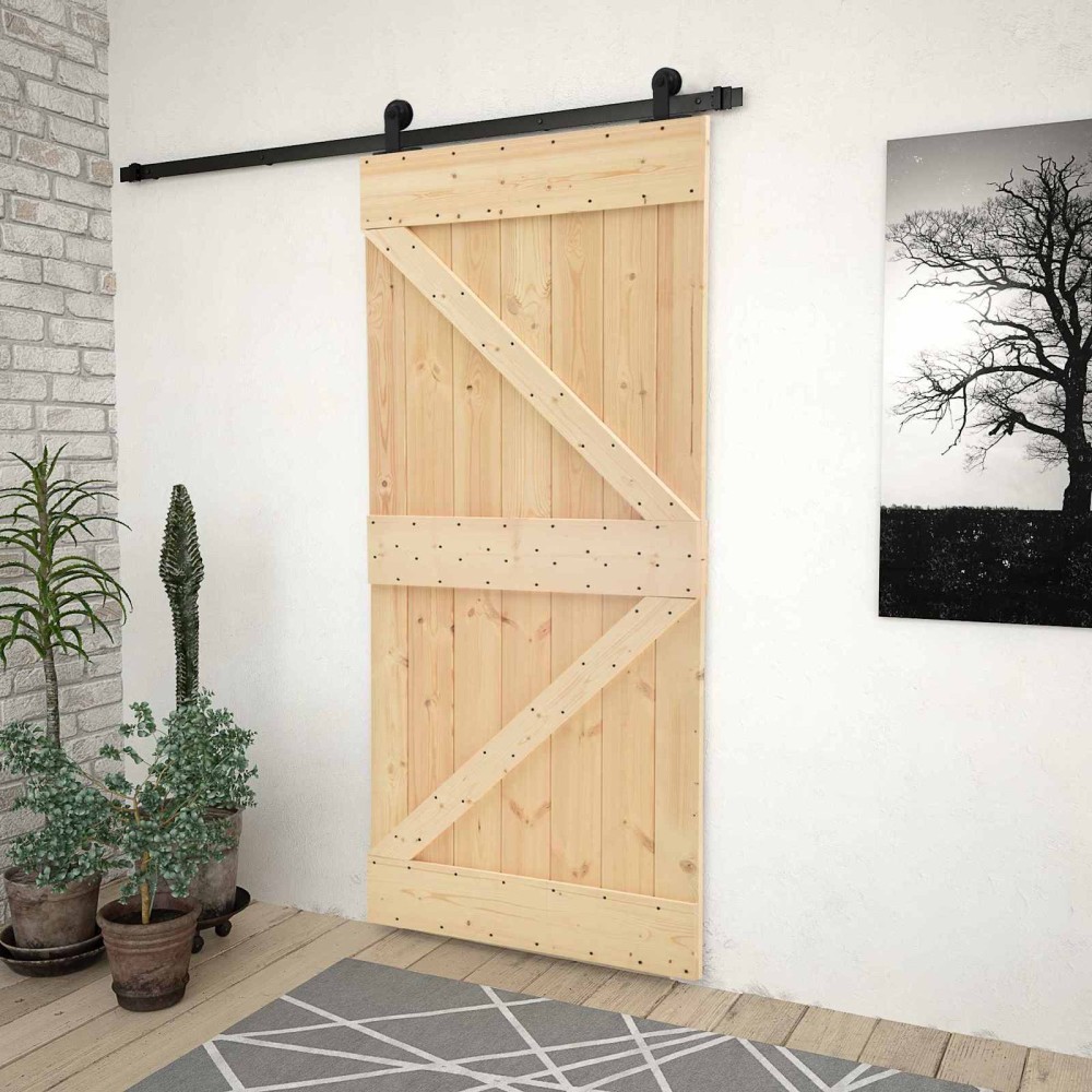 vidaXL Συρόμενη Πόρτα Φυσικό και Μαύρο 90 x 210 cm Μασίφ Ξύλο Πεύκου