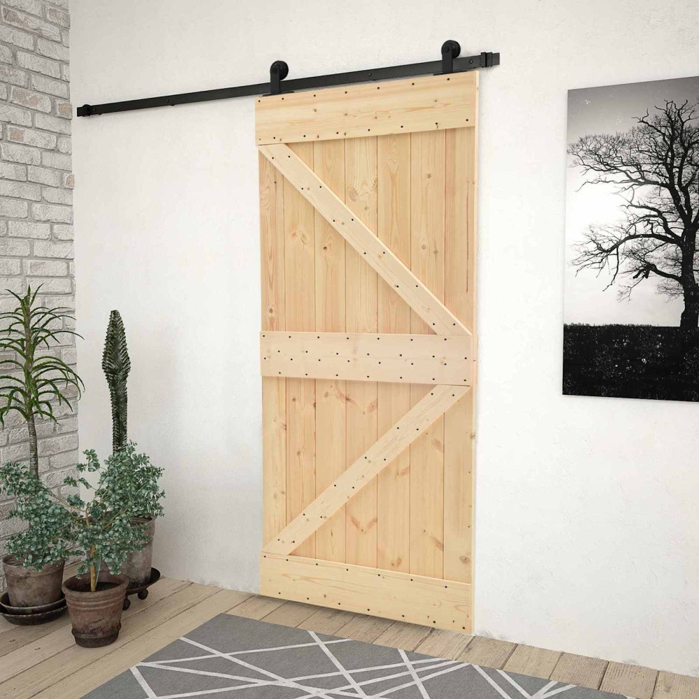 vidaXL Συρόμενη Πόρτα Φυσικό και Μαύρο 90 x 210 cm Μασίφ Ξύλο Πεύκου