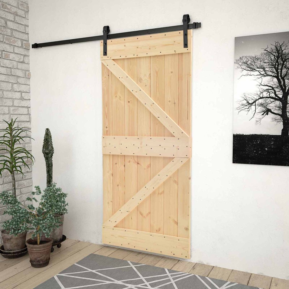 vidaXL Συρόμενη Πόρτα 90 x 210 cm Μασίφ Ξύλο Πεύκου Φυσικό και Μαύρο