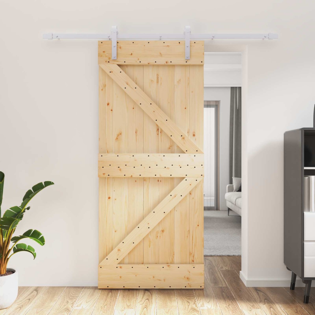 vidaXL Συρόμενη Πόρτα Φυσικό και Λευκό 90 x 210 cm Μασίφ Ξύλο Πεύκου