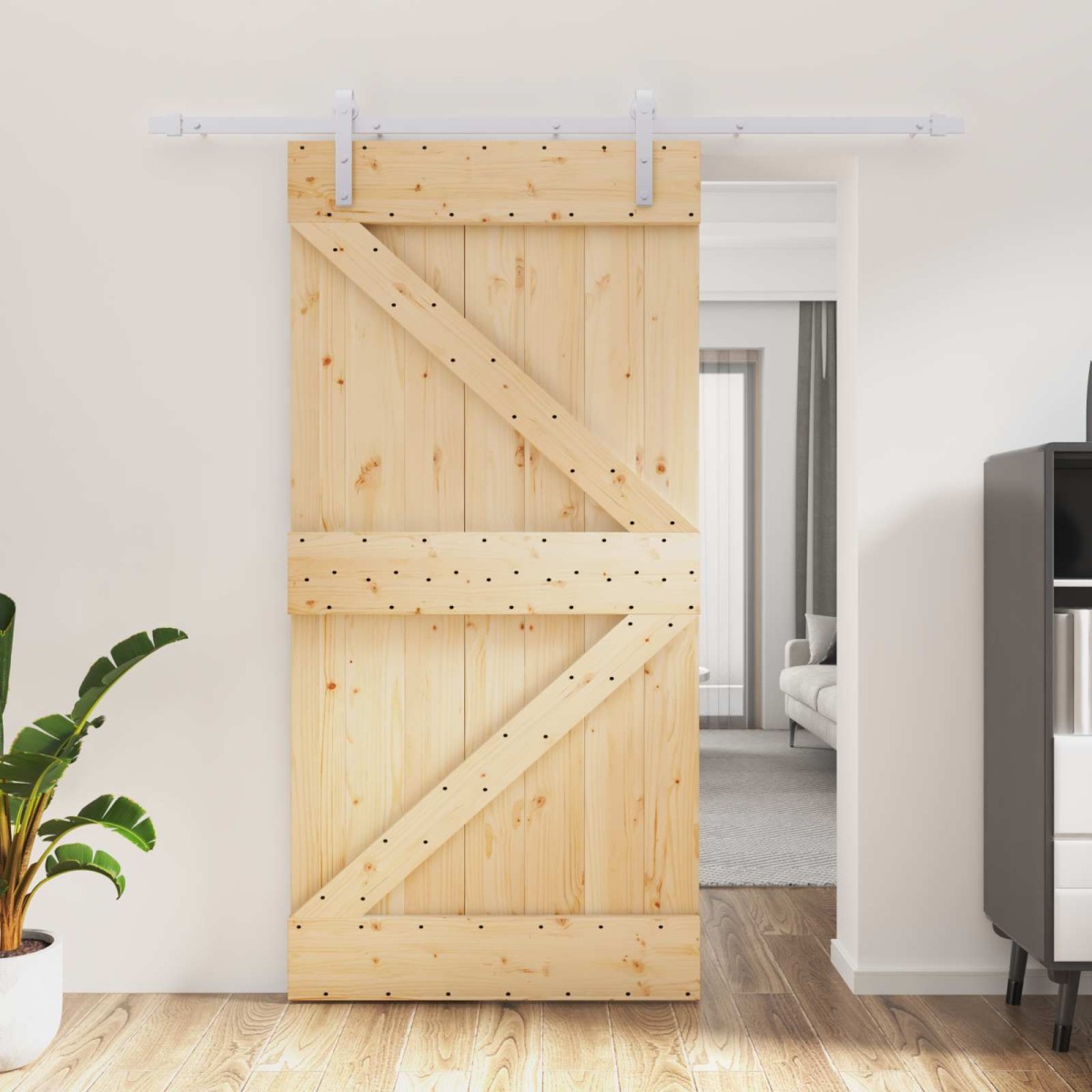 vidaXL Συρόμενη Πόρτα Φυσικό και Λευκό 100 x 210 cm Μασίφ Ξύλο Πεύκου