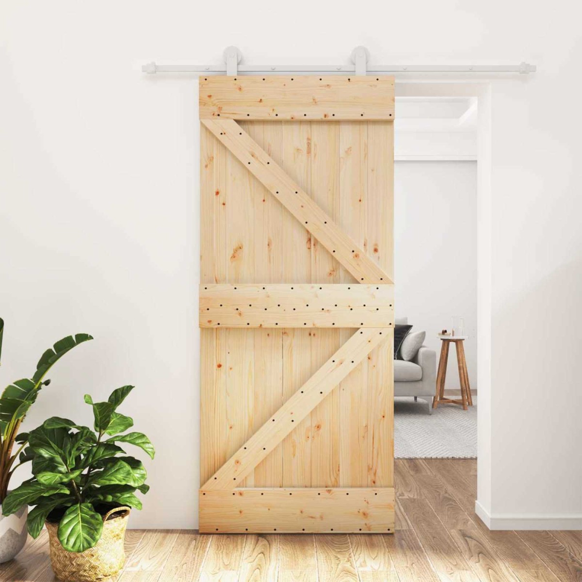 vidaXL Συρόμενη Πόρτα Φυσικό και Λευκό 90 x 210 cm Μασίφ Ξύλο Πεύκου