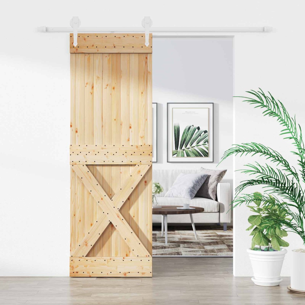 vidaXL Συρόμενη Πόρτα Φυσικό και Λευκό 80 x 210 cm Μασίφ Ξύλο Πεύκου
