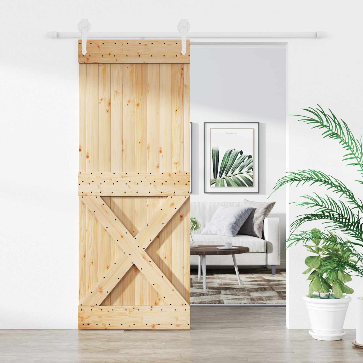 vidaXL Συρόμενη Πόρτα Φυσικό και Λευκό 90 x 210 cm Μασίφ Ξύλο Πεύκου