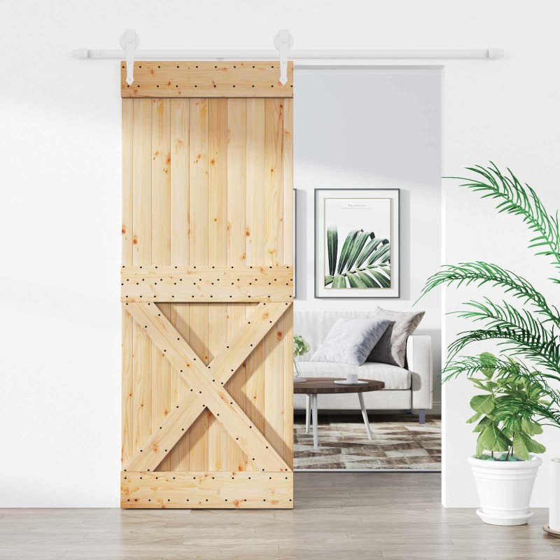 vidaXL Συρόμενη Πόρτα Φυσικό και Λευκό 90 x 210 cm Μασίφ Ξύλο Πεύκου