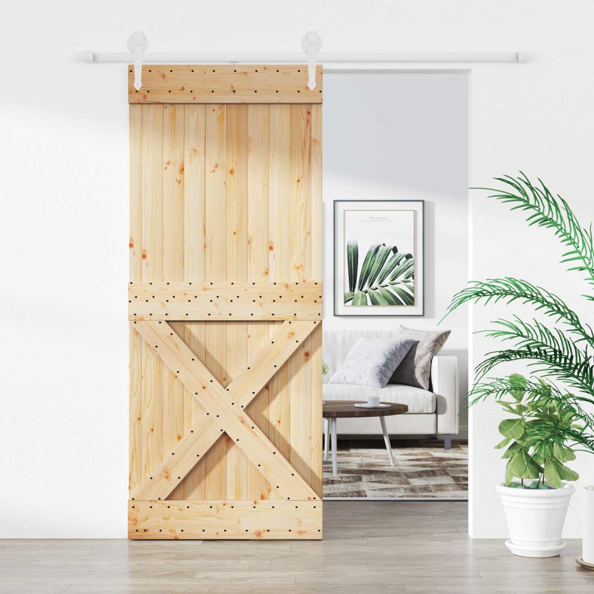vidaXL Συρόμενη Πόρτα Φυσικό και Λευκό 100 x 210 cm Μασίφ Ξύλο Πεύκου
